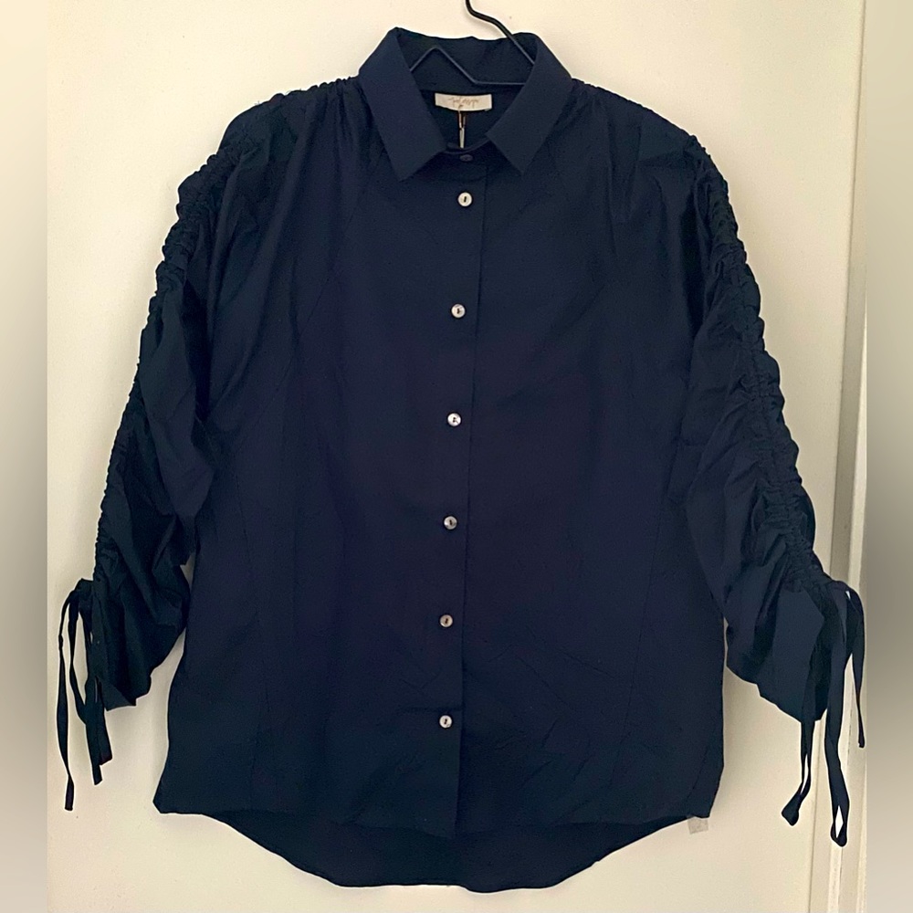 Petersyn Zola Button Up Cinched Long Sleeve Blouse, Navy, Med, NWT